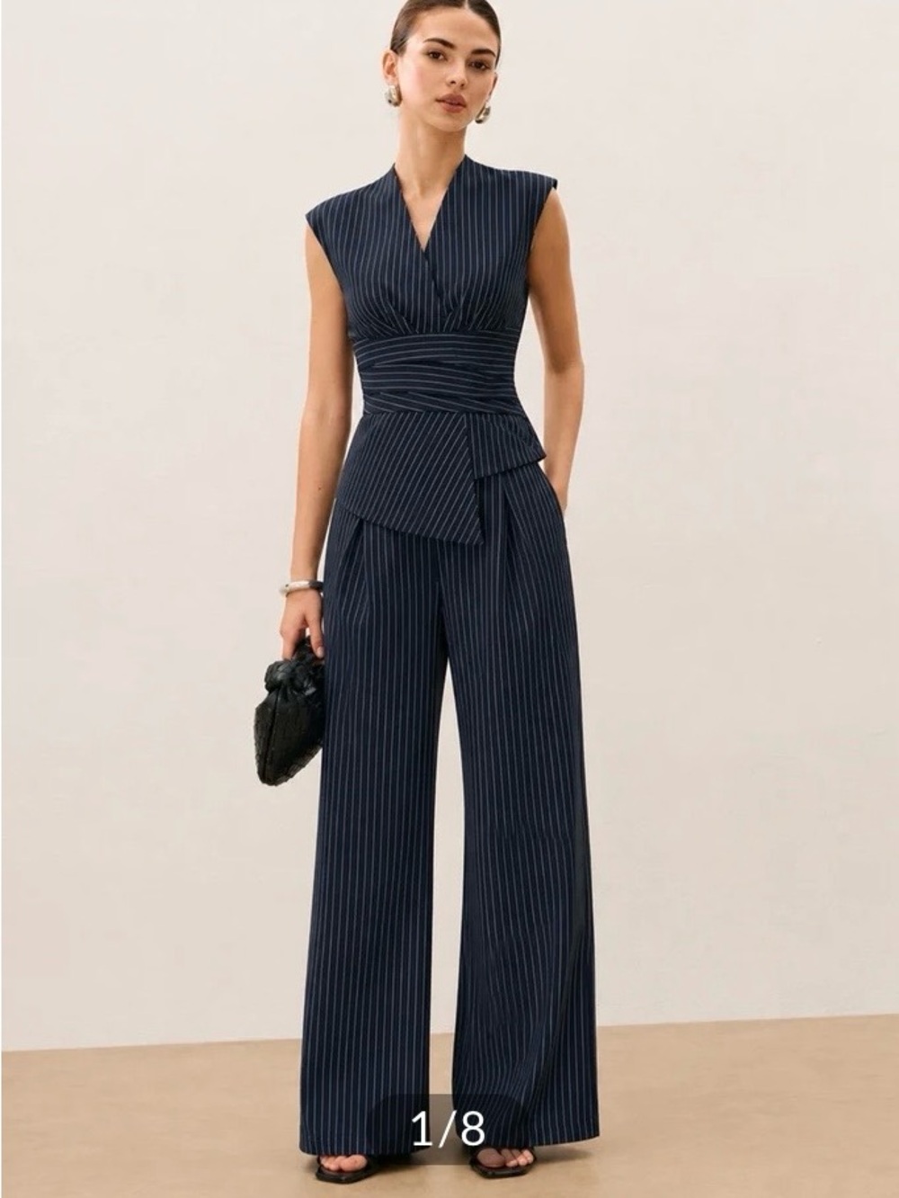 Commense Navy Pinstripe Cap-Sleeve Wide-Leg Waist-Detail Jumpsuit